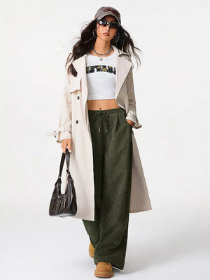 Effortless wide-leg corduroy maternity pants in army green with drawstring waist.