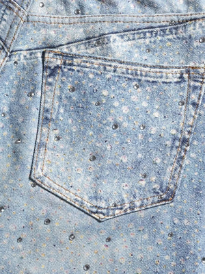 Embellished wide-leg denim trousers in medium wash with all-over crystal and floral pattern.