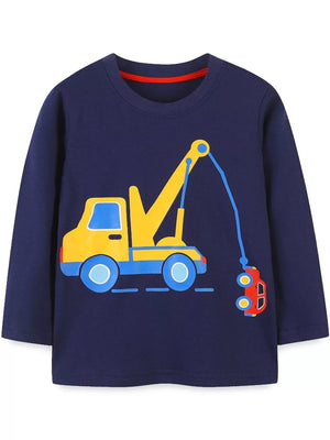 Navy cotton crew neck t-shirt with cheerful tow truck graphic and red trim.