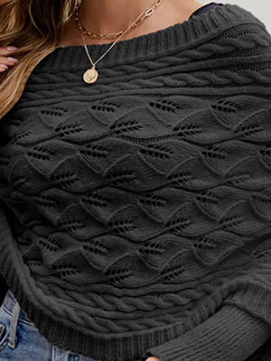 Cable Knit Batwing Sleeve Sweater in Black, close-up detail