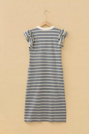 Navy stripe midi dress with ruffled short sleeves and button detail.