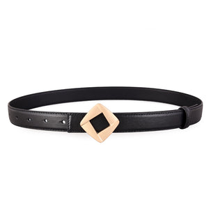 Black leather belt with a gold geometric buckle.