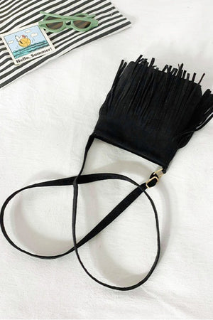 Black crossbody bag with fringe detail and adjustable strap