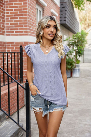 Lavender lace trimmed flutter sleeve blouse with V-neck and eyelet pattern