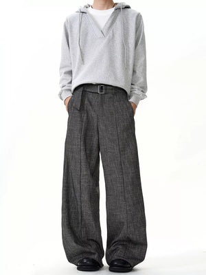 Men's charcoal wide leg sweatpants with belt loops and a buckle belt.