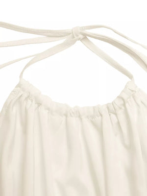 White cami top with gathered neckline and tie straps