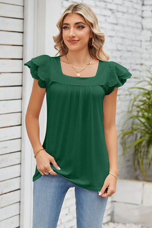 Dark Green eyelet flutter sleeve square neck blouse with gathered neckline