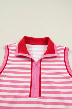 Half-zip striped cotton bikini top with red collar and pink trim