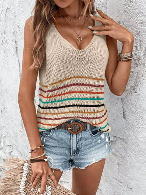 Chic striped knit vest with V-neck and colorful horizontal stripes.