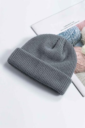 Gray ribbed knit beanie with a turn-up brim