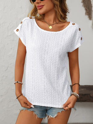 White eyelet knit tee with short sleeves and shoulder buttons