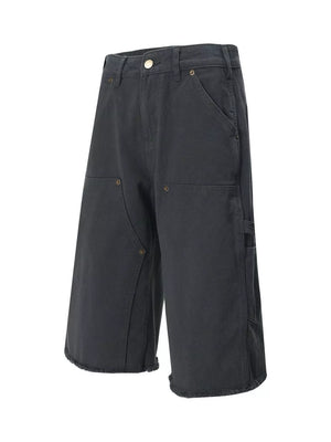Dark gray relaxed fit utility capris for men with frayed hem and multiple pockets.