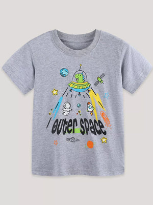 Toddler gray cotton t-shirt with outer space graphic featuring a dinosaur in a UFO.
