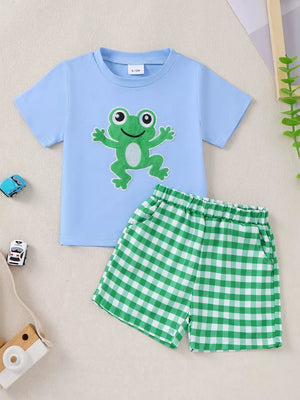 Children's Frog T-shirt And Plaid Shorts Set, front view