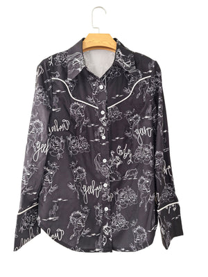 Black button-up maternity shirt with rodeo print, roses, cacti, and cowboy graphics.