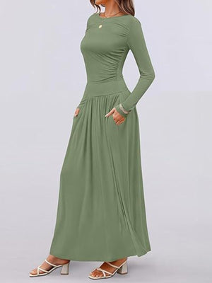 Green ruched long sleeve maxi dress with pockets