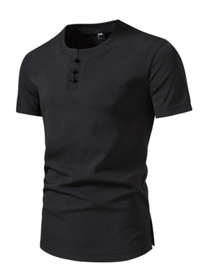 Black cotton henley t-shirt with button detail and short sleeves