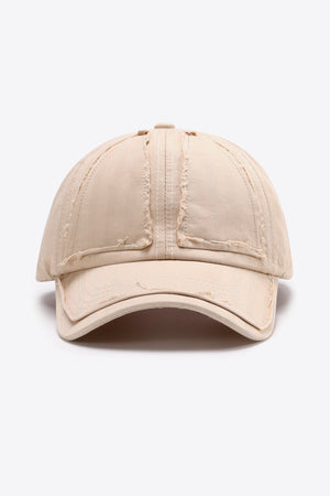Camel baseball cap with raw edge denim details and distressed accents