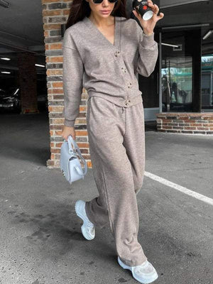 Taupe button-front lounge set with v-neck cardigan and drawstring pants.