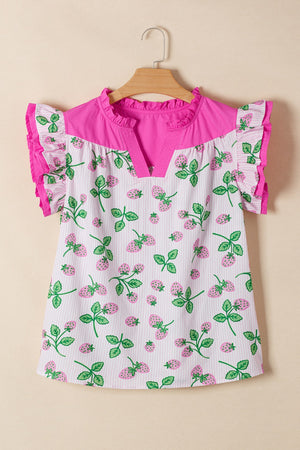 Strawberry print cotton blend blouse with flutter sleeves and pink color block yoke.
