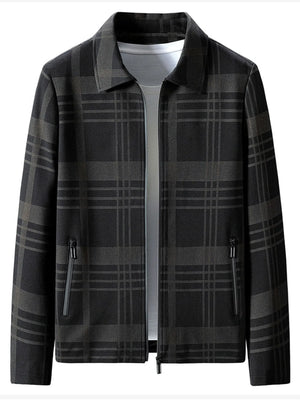 Men's black plaid zip-up jacket with zippered pockets and collar.