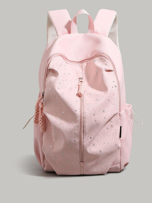 Pink nylon school backpack with all-over silver stars and braided zipper pulls.