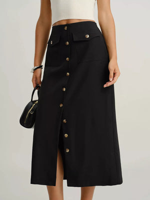 Black button-front midi skirt with pockets and a front slit.