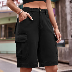 Black denim cargo shorts with multiple pockets and a relaxed fit.