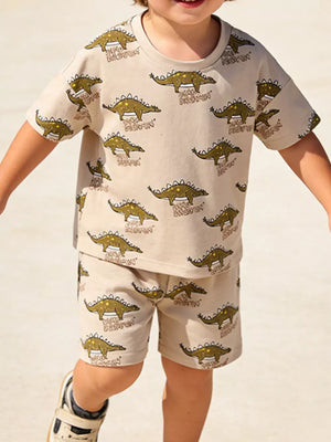 Toddler beige cotton dinosaur print t-shirt and shorts set