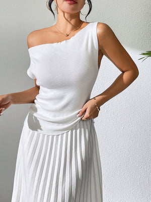 White asymmetric ribbed knit sweater top with one shoulder design