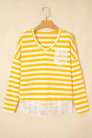Striped Lace Patchwork V Neck Long Sleeve Shirt in Pastel Yellow, close-up detail