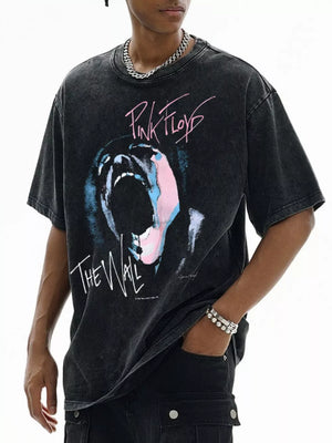 Dark gray oversized cotton t-shirt with Pink Floyd The Wall graphic print and crew neck.