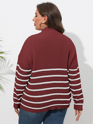 Burgundy ribbed knit sweater with white horizontal stripes and band collar.