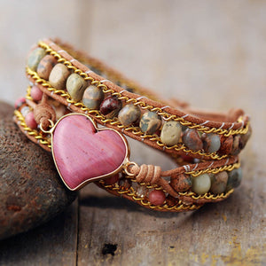 Bohemian multicolor wrap bracelet with pink heart charm and natural stone beads.