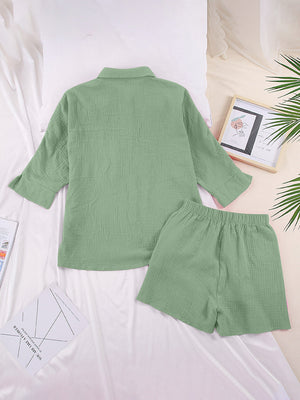 Light Green Gauze Cotton Resort Shirt & Short Set with buttoned shirt and elastic waist shorts.