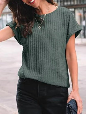 Army green ribbed knit t-shirt with short sleeves and a crew neck.