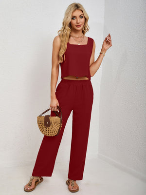 Deep Red cropped tank and palazzo pant set with square neckline and elastic waist.