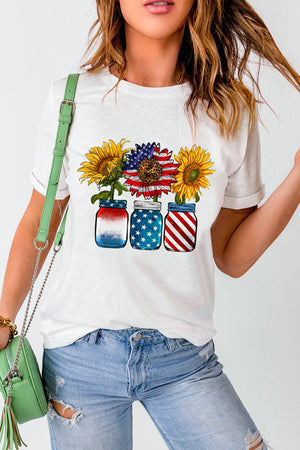 White graphic tee with patriotic sunflowers in mason jars.