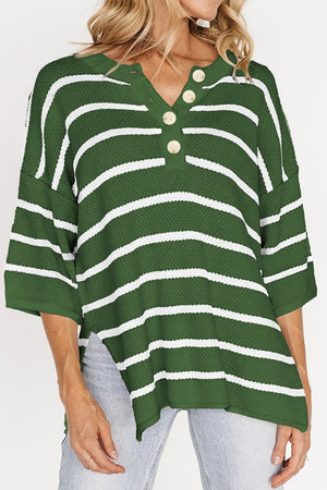 Dark green and white stripe knit pullover sweater with button-down neckline and 3/4 sleeves.