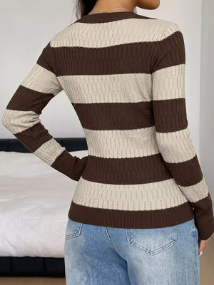 Striped V-neck Knit Top in Coffee Brown, back view