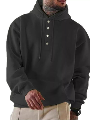 Black cotton hoodie with button front, drawstring hood, and kangaroo pocket.