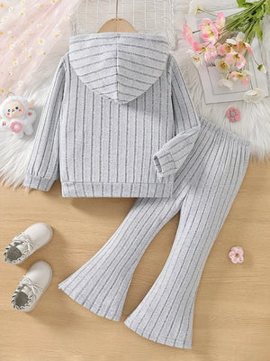 Children's Ribbed Knit Hooded Top And Pants Set in Light Gray, fabric detail