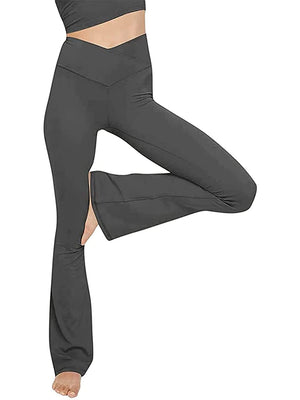 Charcoal V-waist flare leggings with a high rise and bootcut leg