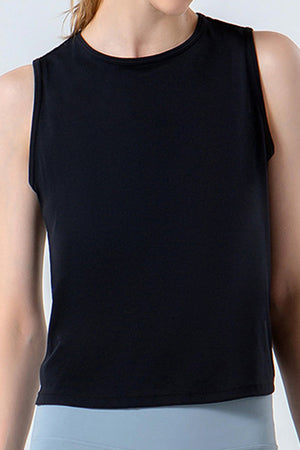 Black activewear tank top with crew neck and sleeveless design