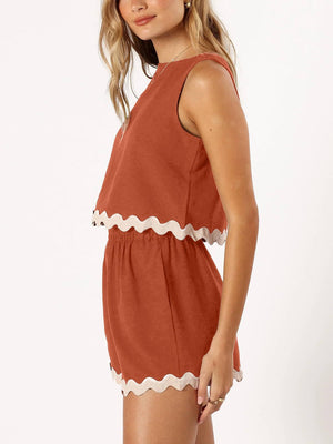 Orange-Red scallop trim crop top and shorts set with elastic waist