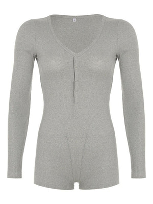 Gray ribbed long sleeve buttoned romper with a V-neckline