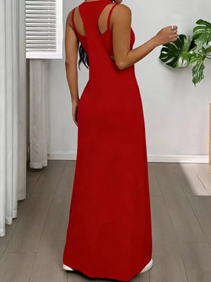 Red scoop neck cami maxi dress with a racerback detail.