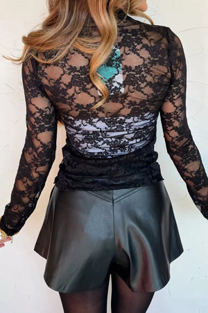 Black sheer floral lace long sleeve fitted shirt with ruched detail.
