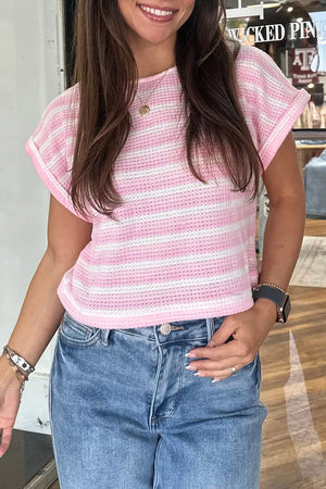 Striped Print Waffle Knit T Shirt in Blush Pink, close-up detail