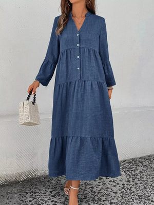 Blue tiered ruffle hem v-neck dress with button front and bell sleeves.